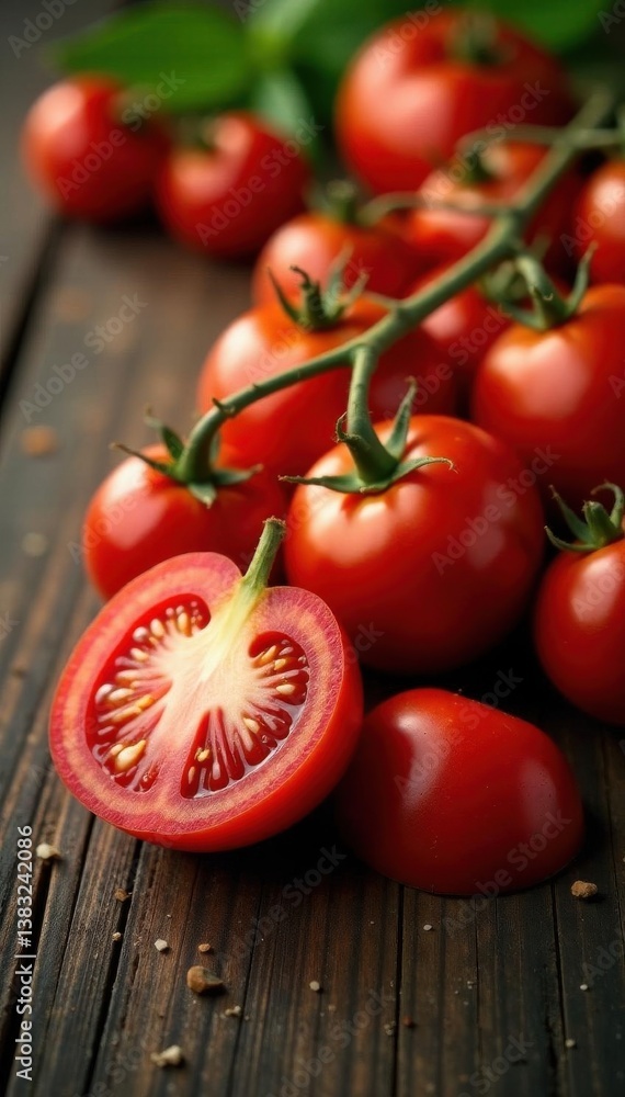 Ripe red tomatoes, juicy slices on rustic wood , reddish, healthy Ripe red tomatoes, juicy slices on rustic wood , reddish, healthy