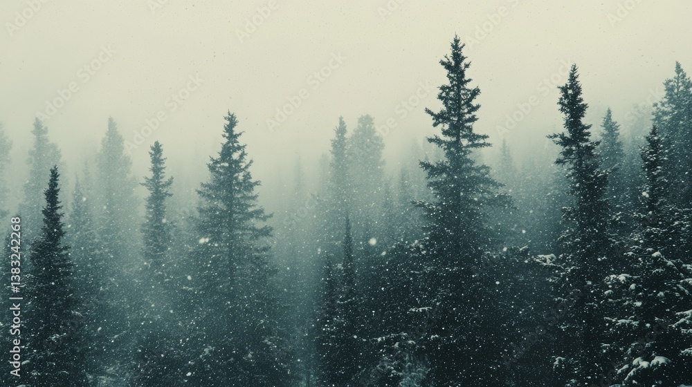 Obraz premium Snowfall over dense pine forest in winter 