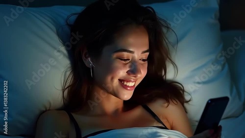 Smiling young brunette woman lying on her bed with headphones while looking her smartphone