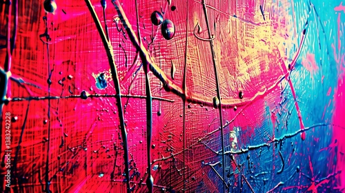 Abstract expressionist painting depicting colorful splatters and dynamic textures