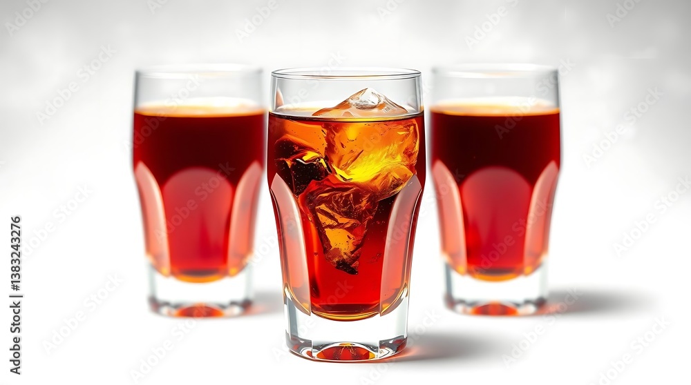 Trio of Red Beverages in Glasses with Ice Variation on Gradient Background Trio of Red Beverages in Glasses with Ice Variation on Gradient Background