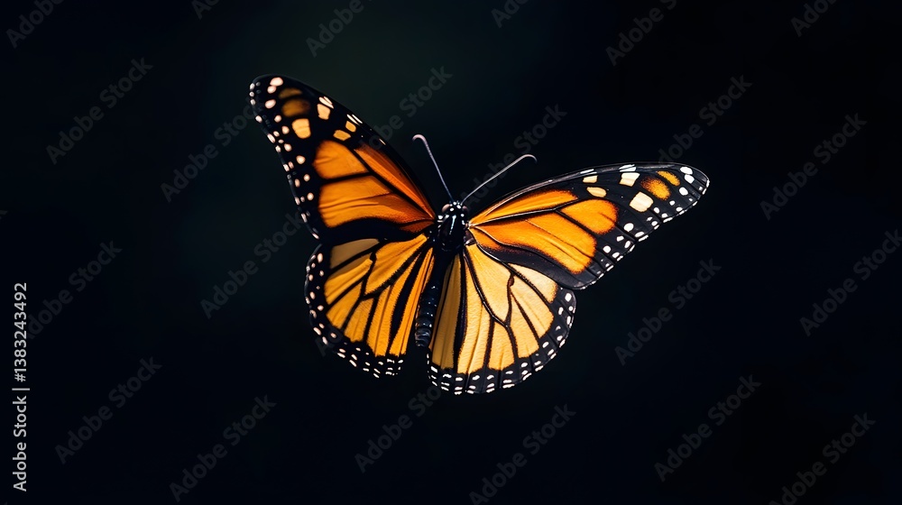 Monarch Butterfly in Flight Against Black Background Monarch Butterfly in Flight Against Black Background