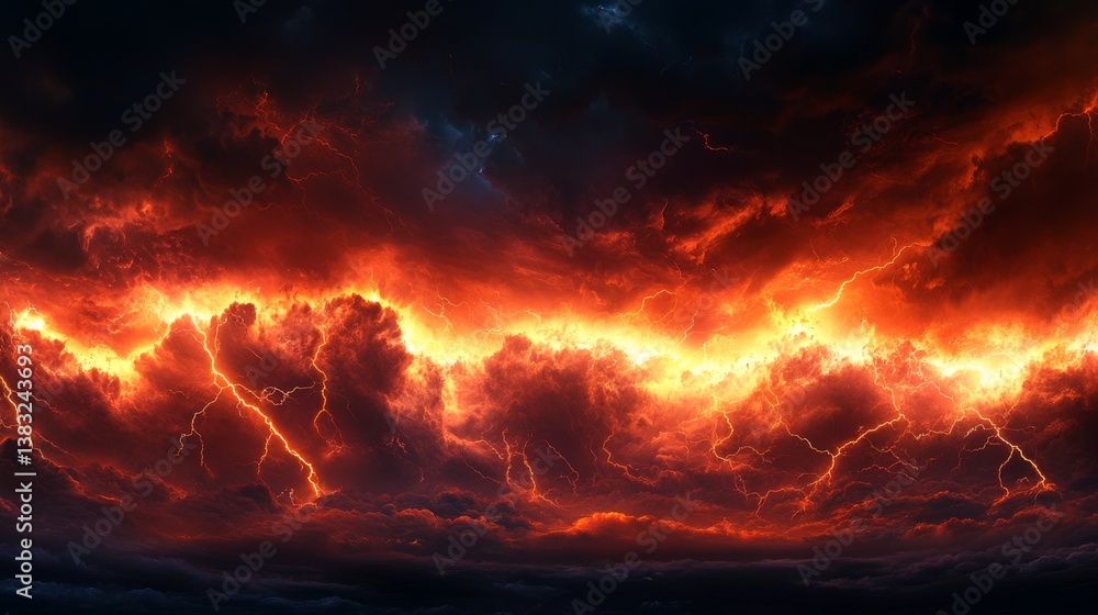 Fiery lightning storm in apocalyptic sky
Fiery lightning storm in apocalyptic sky
