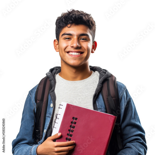 Young Hispanic student with notebook happy smile isolated on transparent background