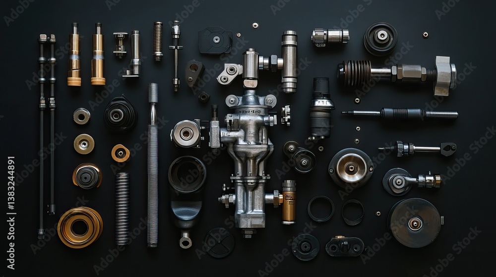 A disassembled carburetor with jets, floats, and gaskets neatly arranged on a dark background A disassembled carburetor with jets, floats, and gaskets neatly arranged on a dark background