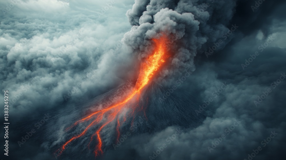Volcano erupting through thick clouds with lava flow
Volcano erupting through thick clouds with lava flow
