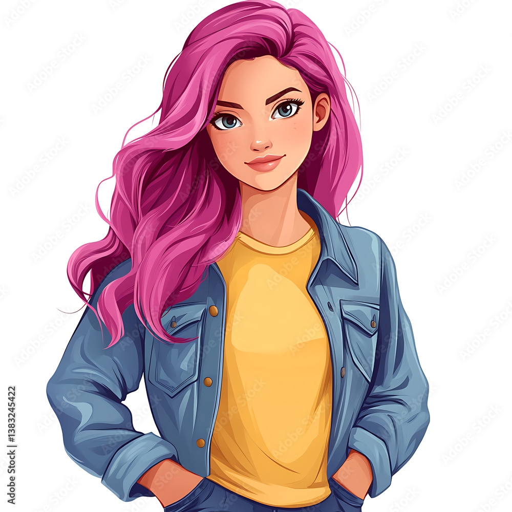Stylish young woman with bright pink hair, wearing a denim jacket and a yellow t-shirt, standing casually. Illustration. Confident and modern. Stylish young woman with bright pink hair, wearing a denim jacket and a yellow t-shirt, standing casually. Illustration. Confident and modern.