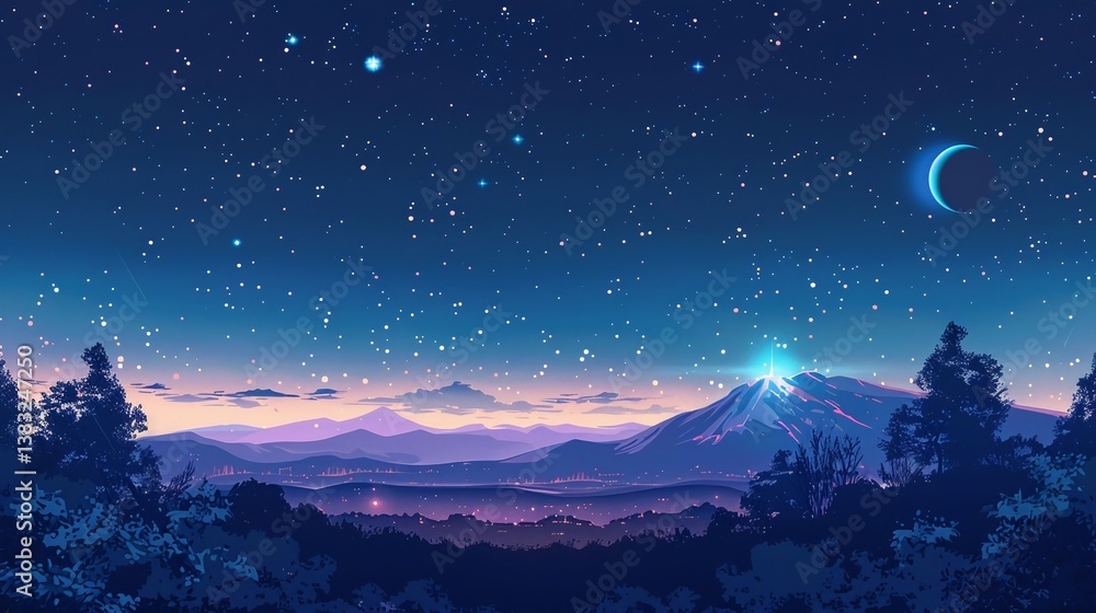 Fototapeta premium Serene Night Landscape with Rolling Hills Under a Starry Sky and a Bright Moon