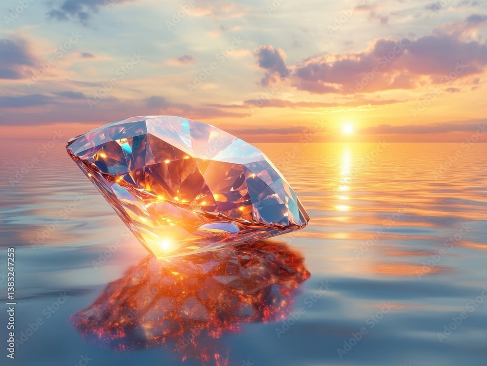 Fototapeta premium Sparkling diamond on serene water reflecting a vibrant sunset sky creating a captivating scene of luxury and natural beauty