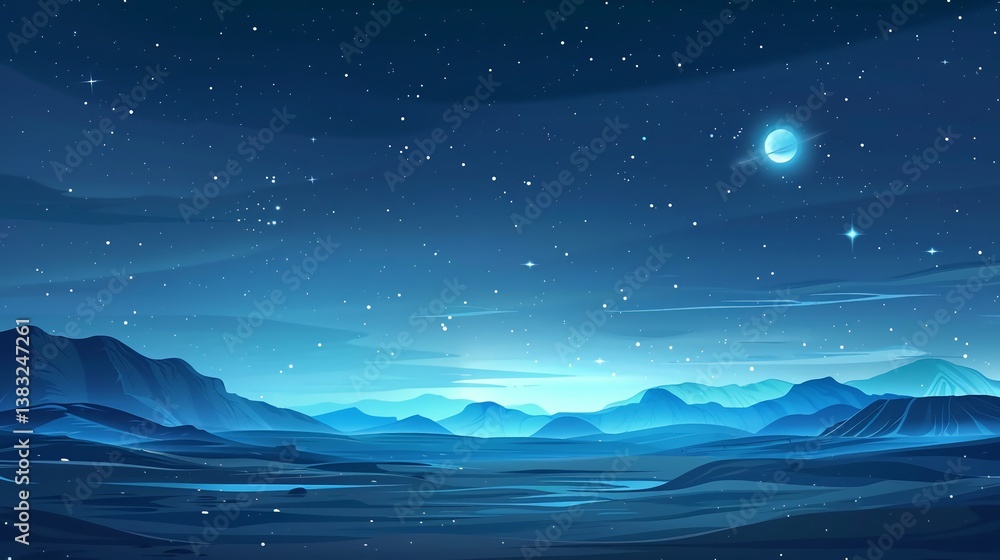 Fototapeta premium Serene Night Landscape with Rolling Hills Under a Starry Sky and a Bright Moon