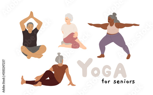 Elder person doing yoga, pilates poses and gymnastics, elderly man and woman stretching. Physical exercises, sport and yoga for senior people. Flat vector illustration