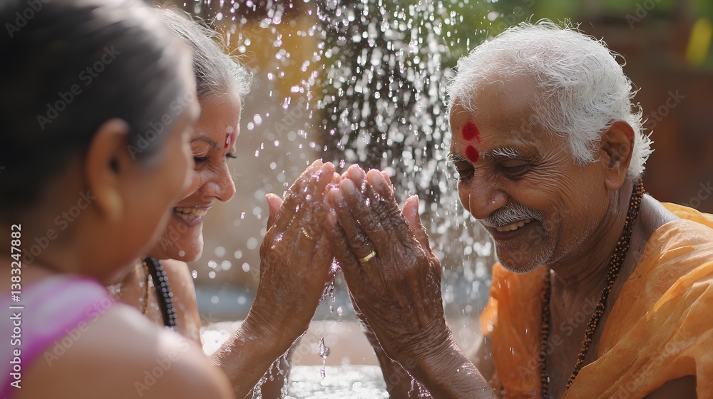 Obraz premium Grandparents smiling under stream of water during family ritual