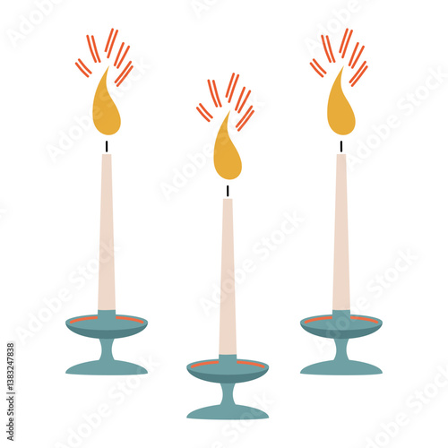 Vector illustration of candle holder with burning candle. Retro and vintage candles.
