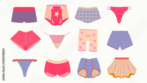 A set of underpants for men and women. Swimming trunks, shorts and panties.