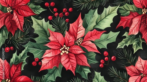Festive watercolor composition of poinsettias, holly, berries, and evergreen branches against a dark textured background.