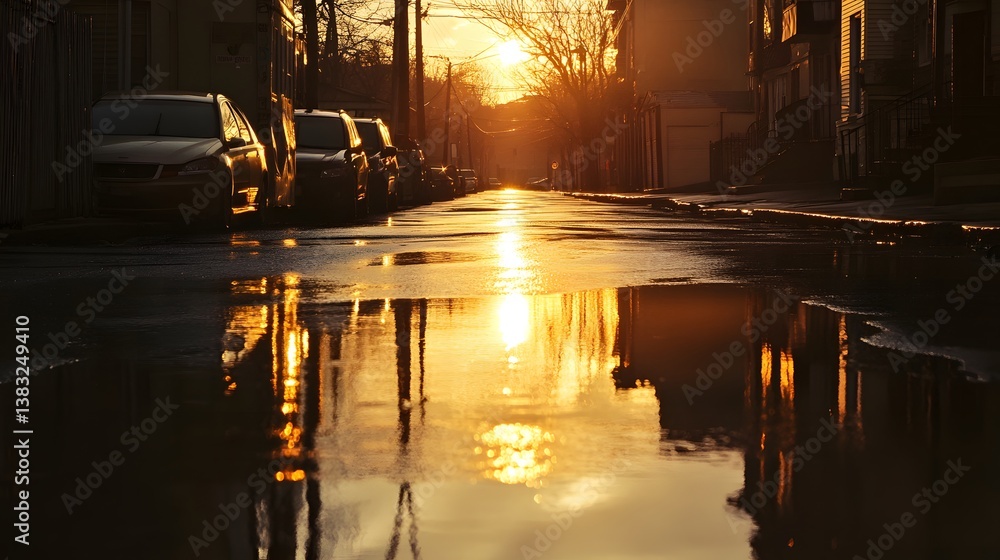 Obraz premium Sunset casting golden light on a water-soaked street