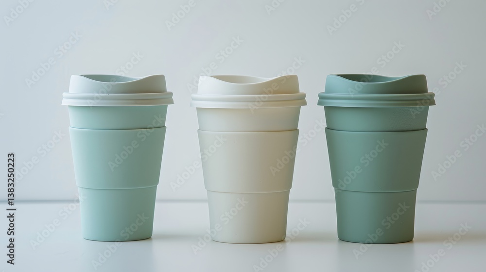 Promoting sustainability three pastel reusable coffee cups on a pristine white background Promoting sustainability three pastel reusable coffee cups on a pristine white background