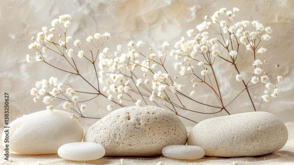 Serene arrangement of natural stones and dried flowers for wellness and mindfulness branding Serene arrangement of natural stones and dried flowers for wellness and mindfulness branding
