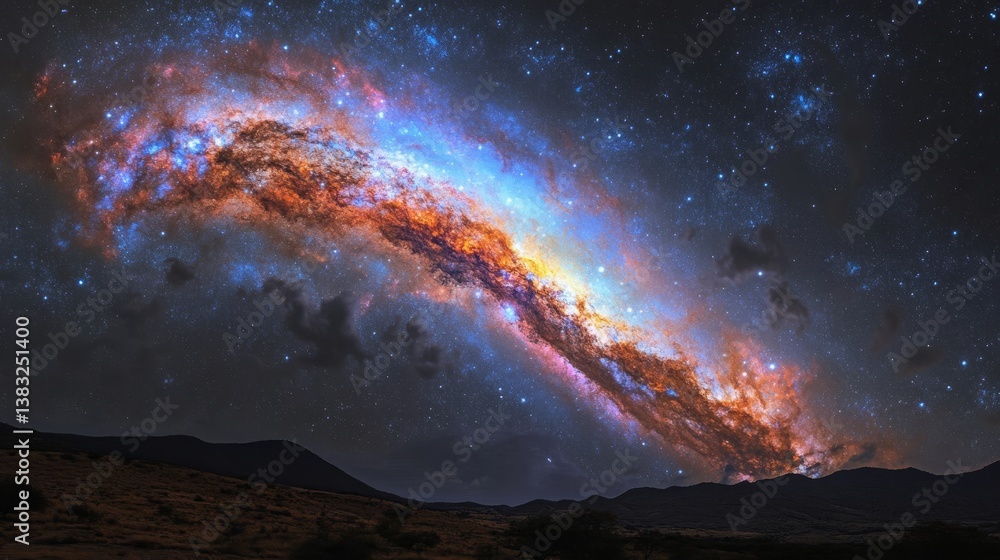 Fototapeta premium Celestial tapestry: a vibrant galaxy arching over a silent landscape under the cloak of night.