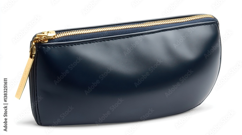 A stylish navy blue compact cosmetic pouch featuring a gold-tone zipper on a white background A stylish navy blue compact cosmetic pouch featuring a gold-tone zipper on a white background