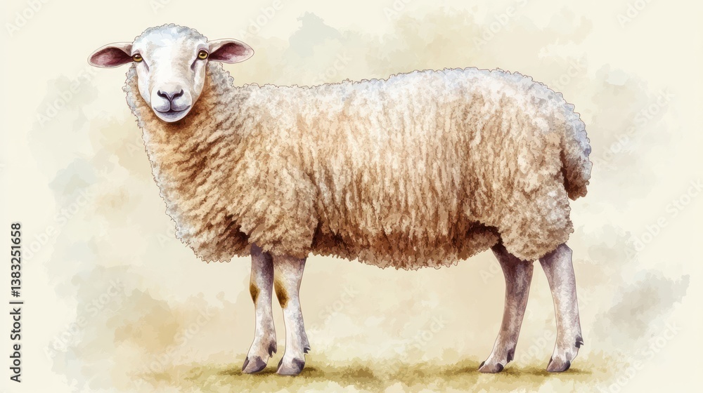 Fototapeta premium Sheep portrait, watercolor, farm, wool