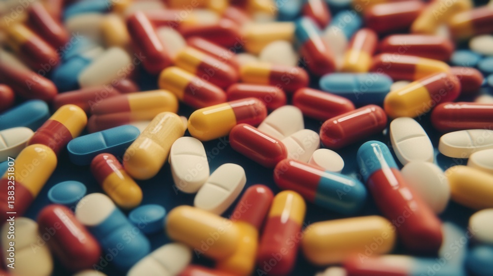 Colorful pills and capsules scattered on a dark surface (1) Colorful pills and capsules scattered on a dark surface (1)