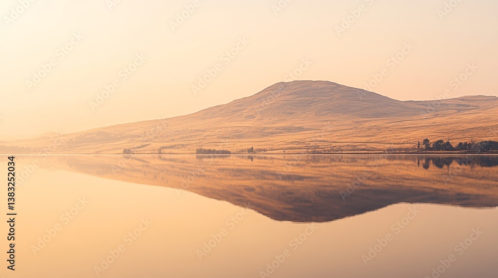 Naklejka premium Golden Hill Reflected in Still Lake at Sunrise 