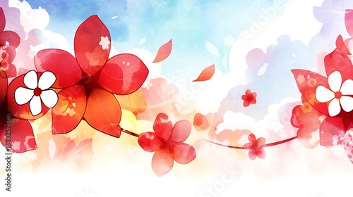 Red flowers with white centers and watercolor painted background