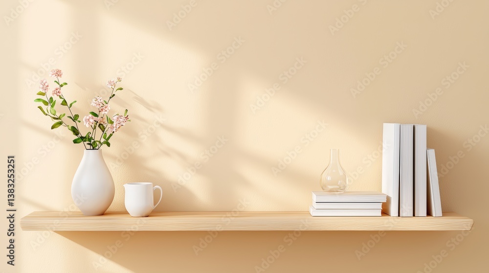 Serene Minimalist Interior Scene with Natural Light, Books, Flowers, and Simple Decor on Wooden Shelf Against Soft Beige Wall,Office interior backdrop for online meetings Serene Minimalist Interior Scene with Natural Light, Books, Flowers, and Simple Decor on Wooden Shelf Against Soft Beige Wall,Office interior backdrop for online meetings
