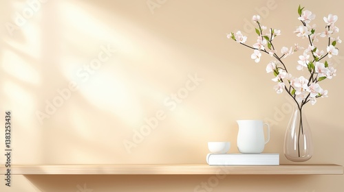 Serene Minimalist Interior Scene Featuring Elegant Flower Arrangement on Shelf with Soft Light and Neutral Background,Office interior backdrop for online meetings