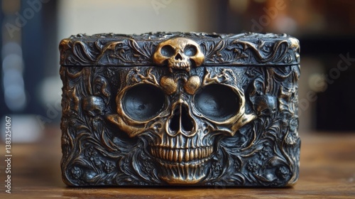 Gothic skull reliquary: a darkly ornate treasure chest with intricate death's head and floral embellishments.