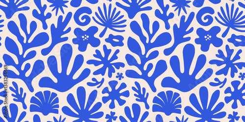 Vector seamless pattern in simple floral wavy and groovy naive style, flowers and plants, floral botanic hand drawn design templates, modern art prints, surface design, holiday and beach theme