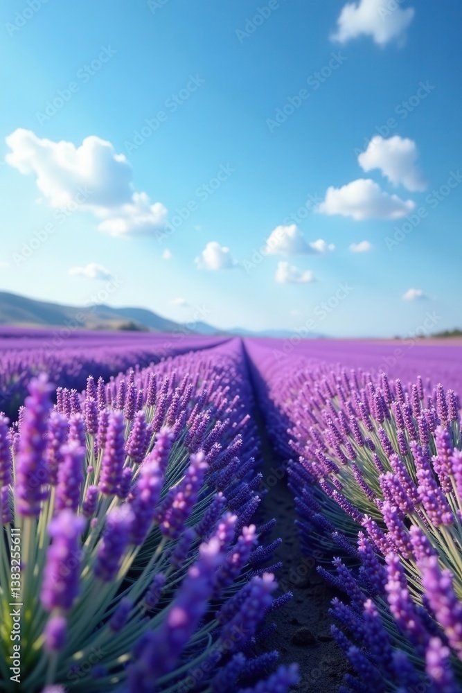 Obraz premium Serene lavender field, vibrant purple hues under a clear blue sky , Provence, sunlit, pastel