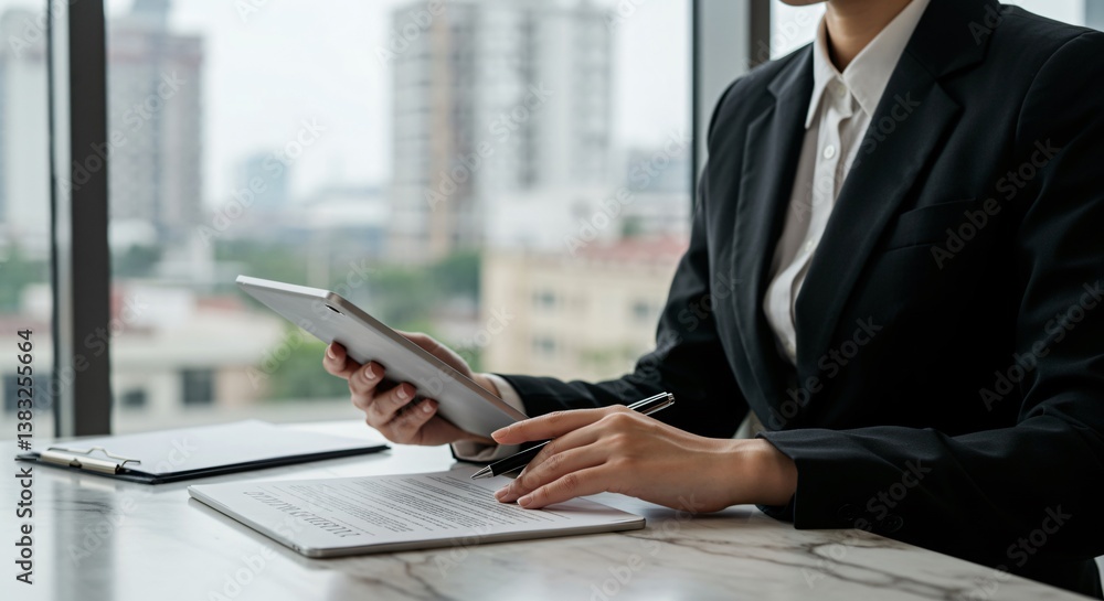 Businesswoman reviewing documents on tablet, working in modern office with city view Businesswoman reviewing documents on tablet, working in modern office with city view