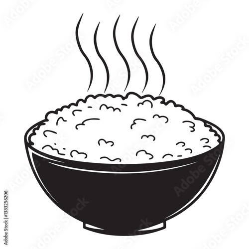 Cooked rice with steam in black bowl