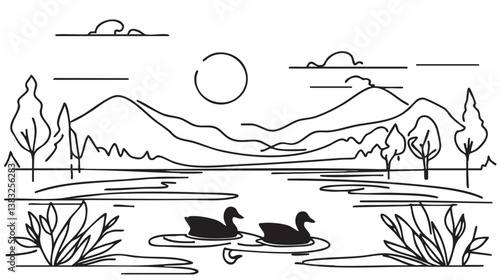 Sketch landscape with black ducks silhouette swimming on lake, doodles line