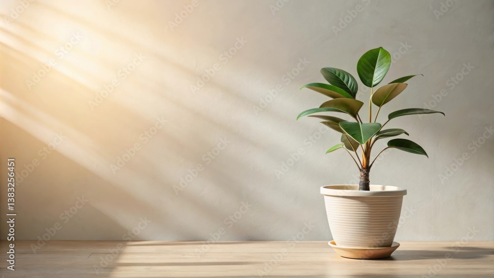 A potted houseplant in a white pot basks in the soft glow of sunlight streaming through a window, casting delicate shadows on the beige wall and the wood floor A potted houseplant in a white pot basks in the soft glow of sunlight streaming through a window, casting delicate shadows on the beige wall and the wood floor