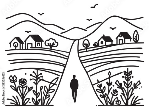 Man black silhouette walking on village road, sketch, doodles