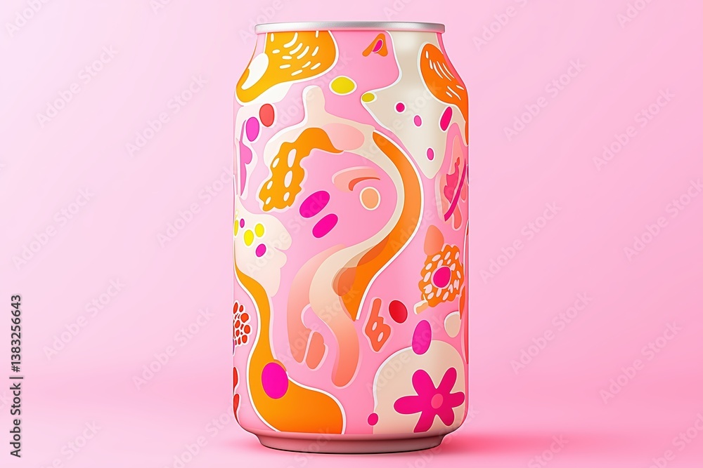 Obraz premium Aluminum can with playful abstract pattern in pink, orange and white tones on a pastel pink background