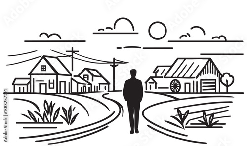 Man black silhouette walking on village road, sketch, doodles landscape