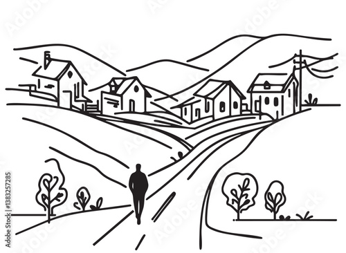 Man black silhouette walking on village road, sketch, doodles landscape