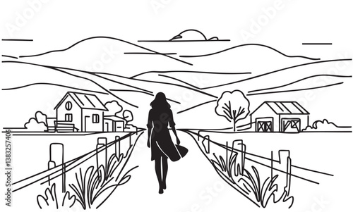 Woman black silhouette walking on village road, sketch, doodles