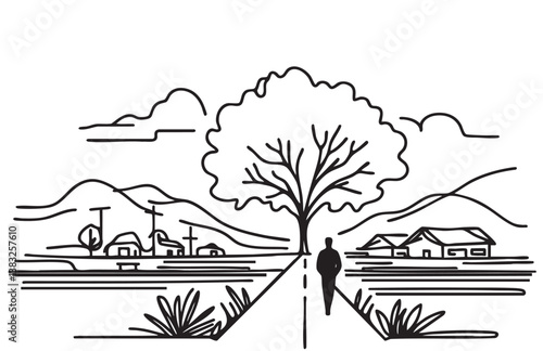 Man black silhouette walking on village road, sketch, doodles landscape