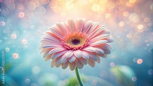 A Delicate Pink Gerbera Daisy Blooms Amidst a Soft, Pastel Background of Blurred Lights, Creating a Dreamy and Ethereal Atmosphere.
