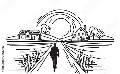 Man black silhouette walking on village road, sketch, doodles landscape