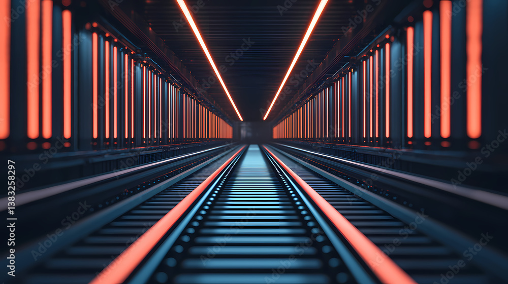 Naklejka premium A futuristic tunnel with illuminated tracks and vibrant neon lights, creating a striking visual perspective.