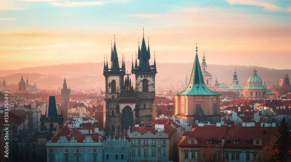 Fototapeta premium Panoramic sunrise view of a historic European city skyline, showcasing numerous spires, towers, and red-tiled roofs in a hazy atmosphere