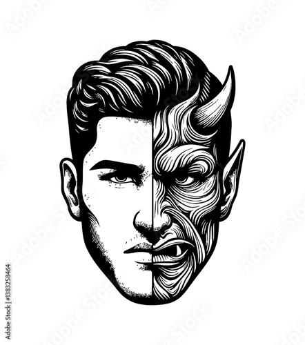 Half Angel Half Devil Face Illustration in Black and White with Detailed Engraved Line Art