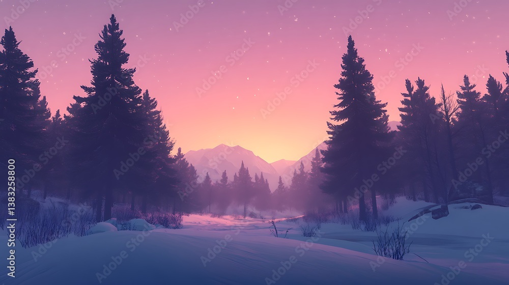 Serene Winter Sunset In A Snowy Mountain Forest Serene Winter Sunset In A Snowy Mountain Forest