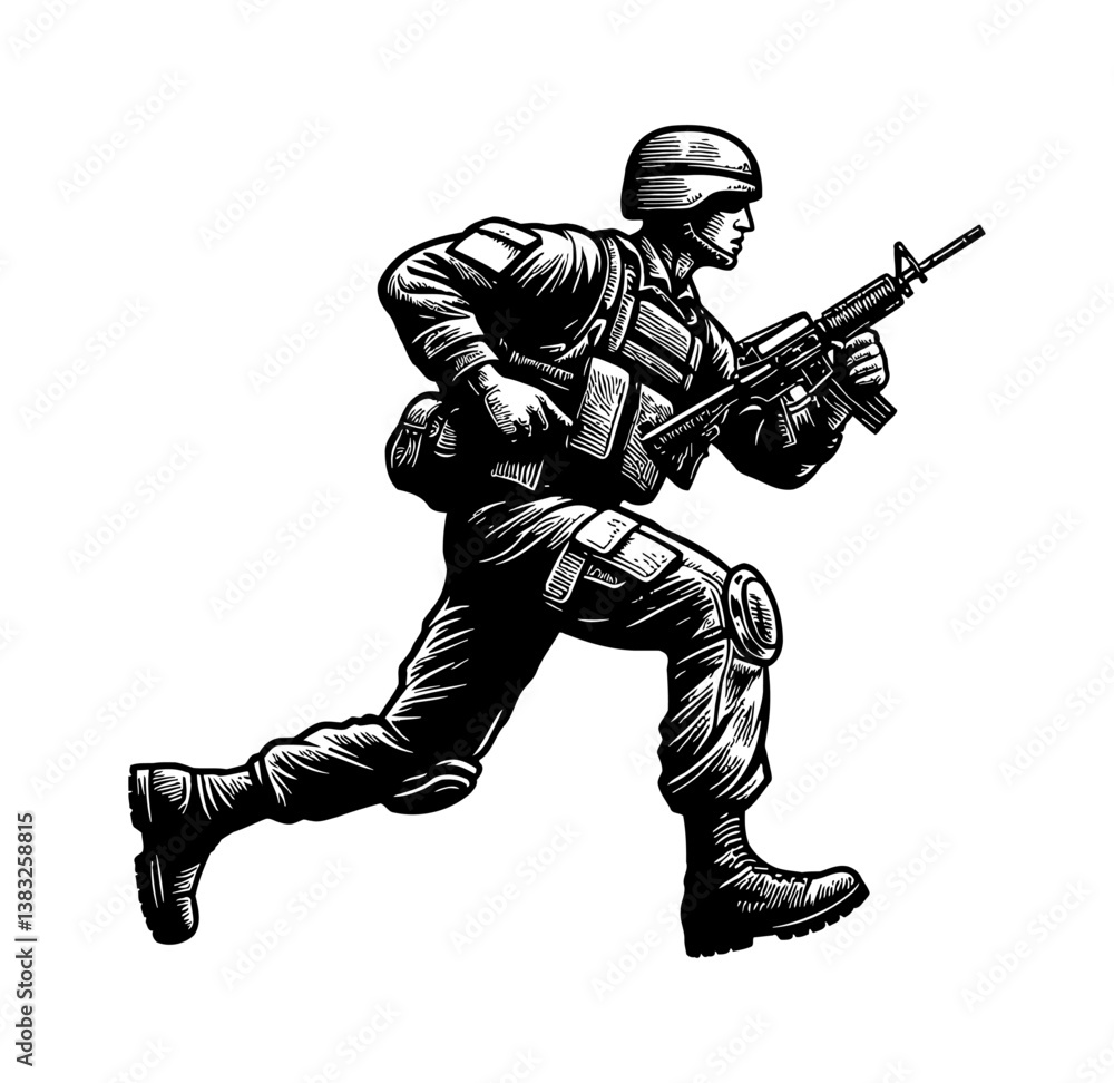 Illustration of Soldier Running with Rifle in Detailed Black and White Vector Style, Ready for Battle Illustration of Soldier Running with Rifle in Detailed Black and White Vector Style, Ready for Battle